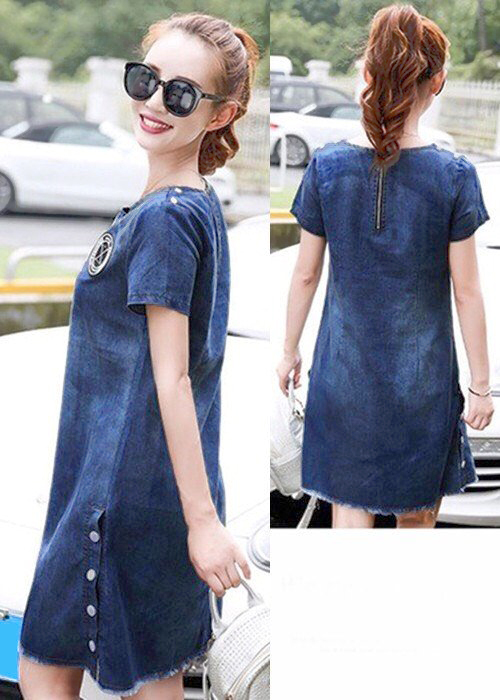 ĐẦM JEAN SUÔNG PHOM A CỔ TRÒN ĐÍNH LOGO